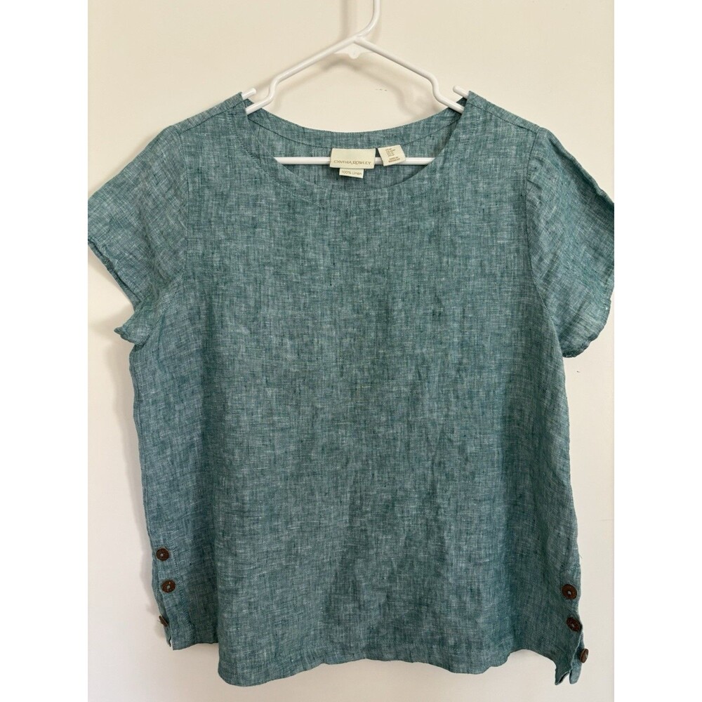 Cynthia Rowley 100% Linen Top Women's Size Med Lagenlook Teal Heather